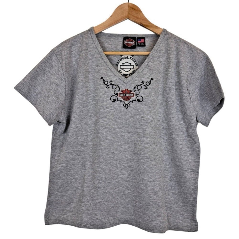 Harley Davidson Women's V-Neck T-Shirt Gray Large Mancuso Houston Texas Vintage